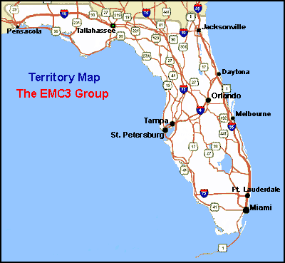 Florida, Puerto Rico and Dominican Republic Service Area Map for The EMC3 Group.